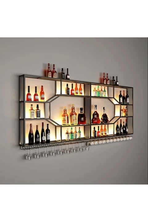 ŞRP1004 Modern Duvara Monte Metal Ahşap Panel Şaraplık Standı