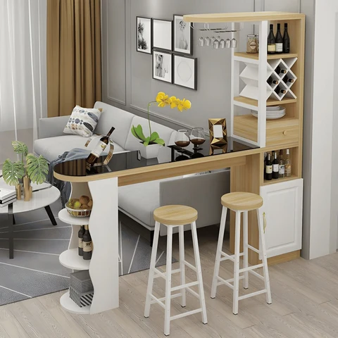 Modern Cam Tezgâhlı Ahşap Ayaklı Bar Masası Seti