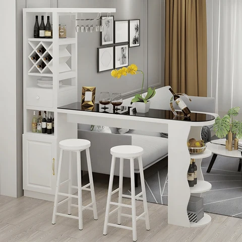 Modern Cam Tezgâhlı Ahşap Ayaklı Bar Masası Seti