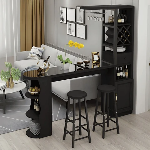 Modern Cam Tezgâhlı Ahşap Ayaklı Bar Masası Seti
