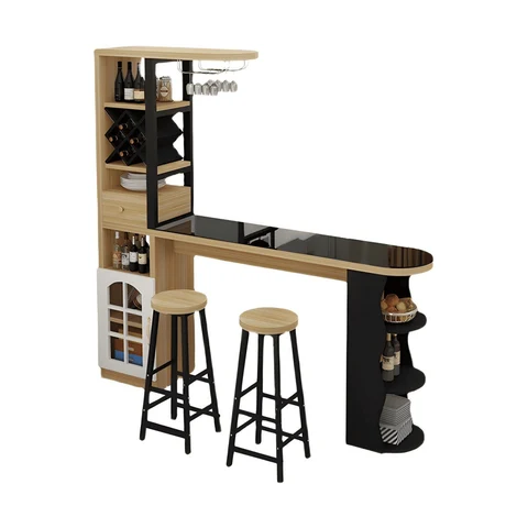 Modern Cam Tezgâhlı Ahşap Ayaklı Bar Masası Seti