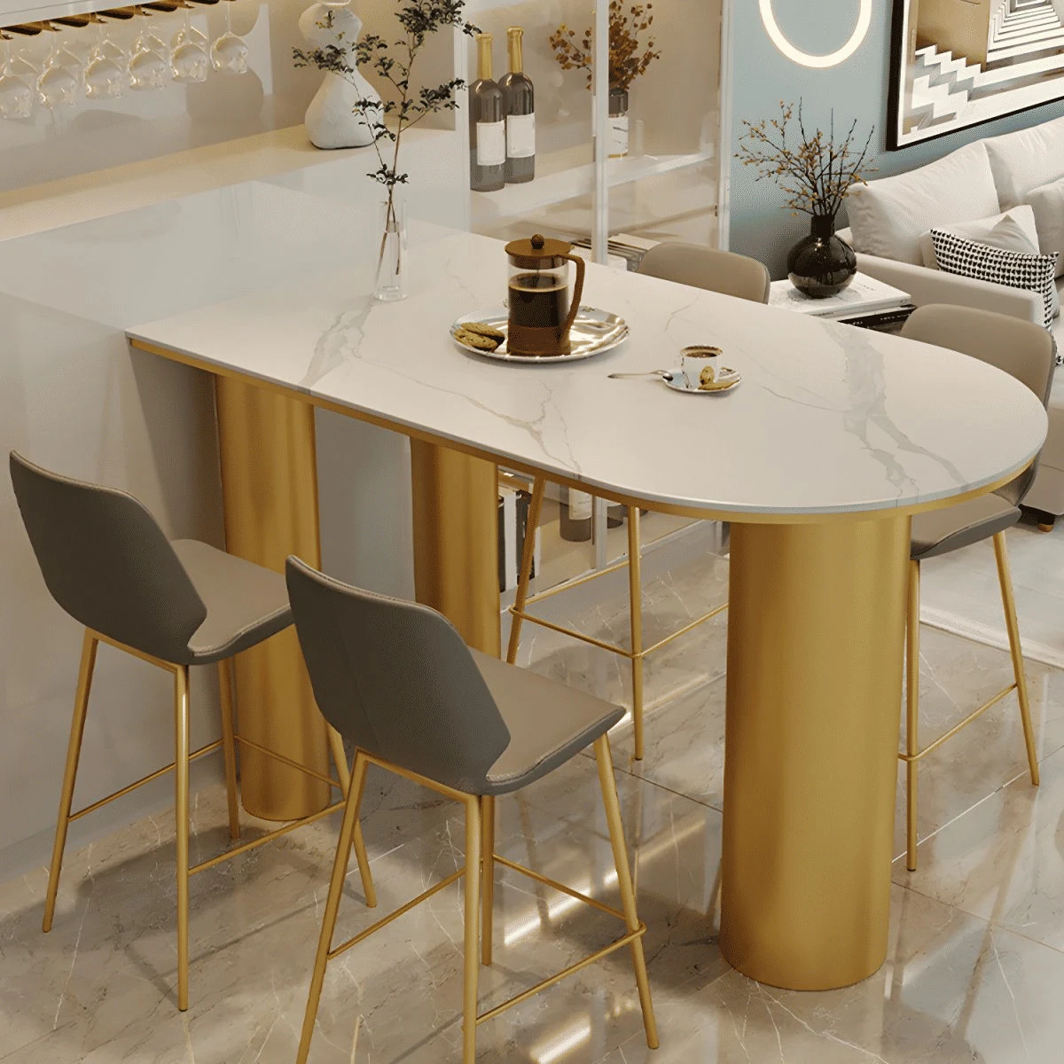 Modern Oval Taş Tezgahlı Bar Masası Seti SKU4930033