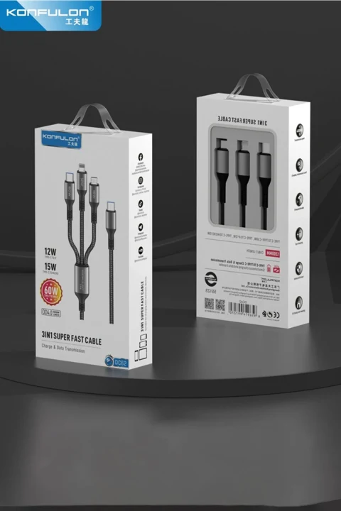 Konfulon DC62 3in1 Type-C to 60W Type-C / 12W Lightning / 15W Micro 1.2M Hızlı Şarj Kablo - Siyah