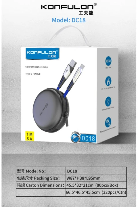 Konfulon DC18 Type-C Kablo 1M 5A - Siyah
