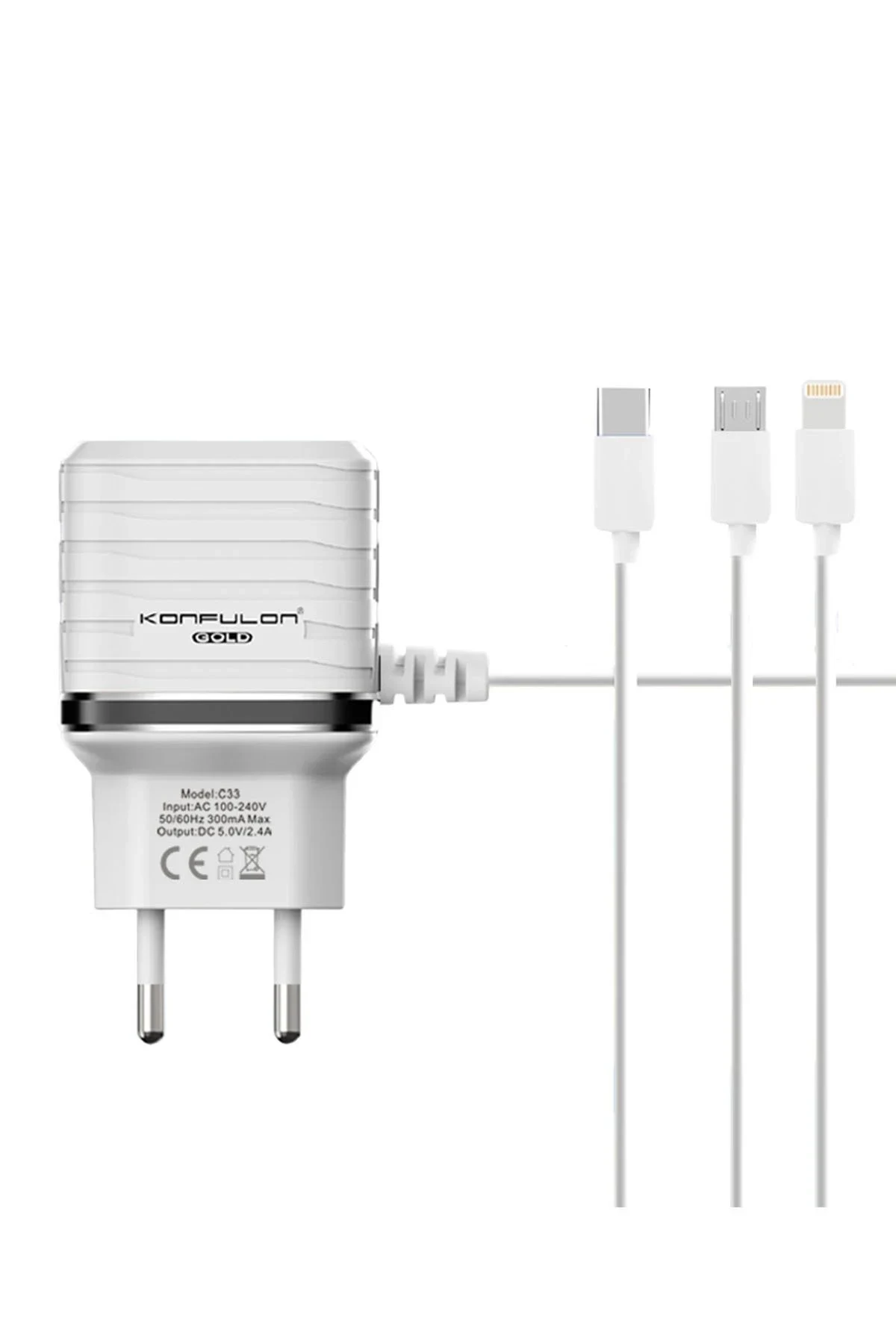 Konfulon C33 Hızlı Şarj Cihazı 3in1 (Dahili Lightning Kablo iphone Uyumlulu)