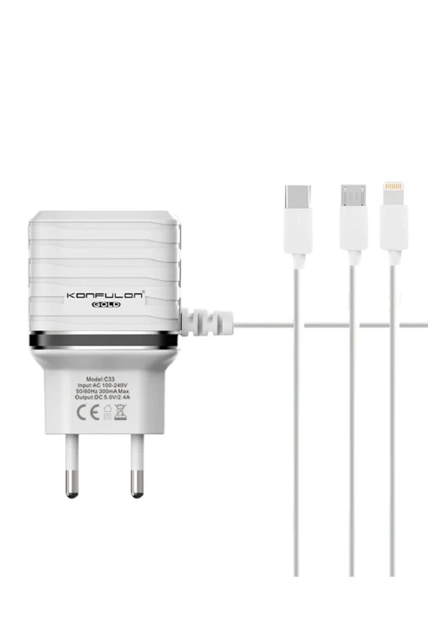 Konfulon C33 Hızlı Şarj Cihazı 3in1 (Dahili Lightning Kablo iphone Uyumlulu)