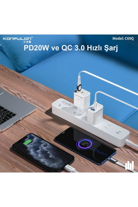 Konfulon C69Q 1 Adet 20W Type-C ve 1 Adet 18W Usb 3.0 Çıkışlı PD Şarj Cihazı