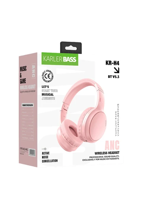Karler Bass KRH4 Aktif Gürültü Engelleyici Özellikli Kafaüstü Kablosuz Bluetooth Kulaklık - Pembe