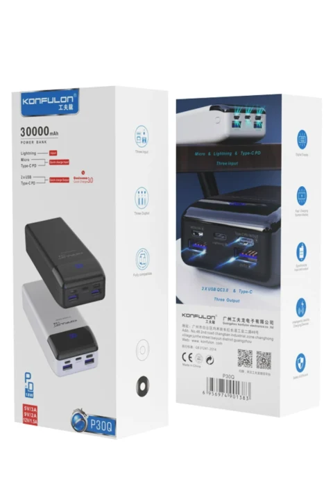 Konfulon P30Q Dijital Ekranlı Powerbank 30.000 mAh PD 18W Hızlı Şarj - Beyaz