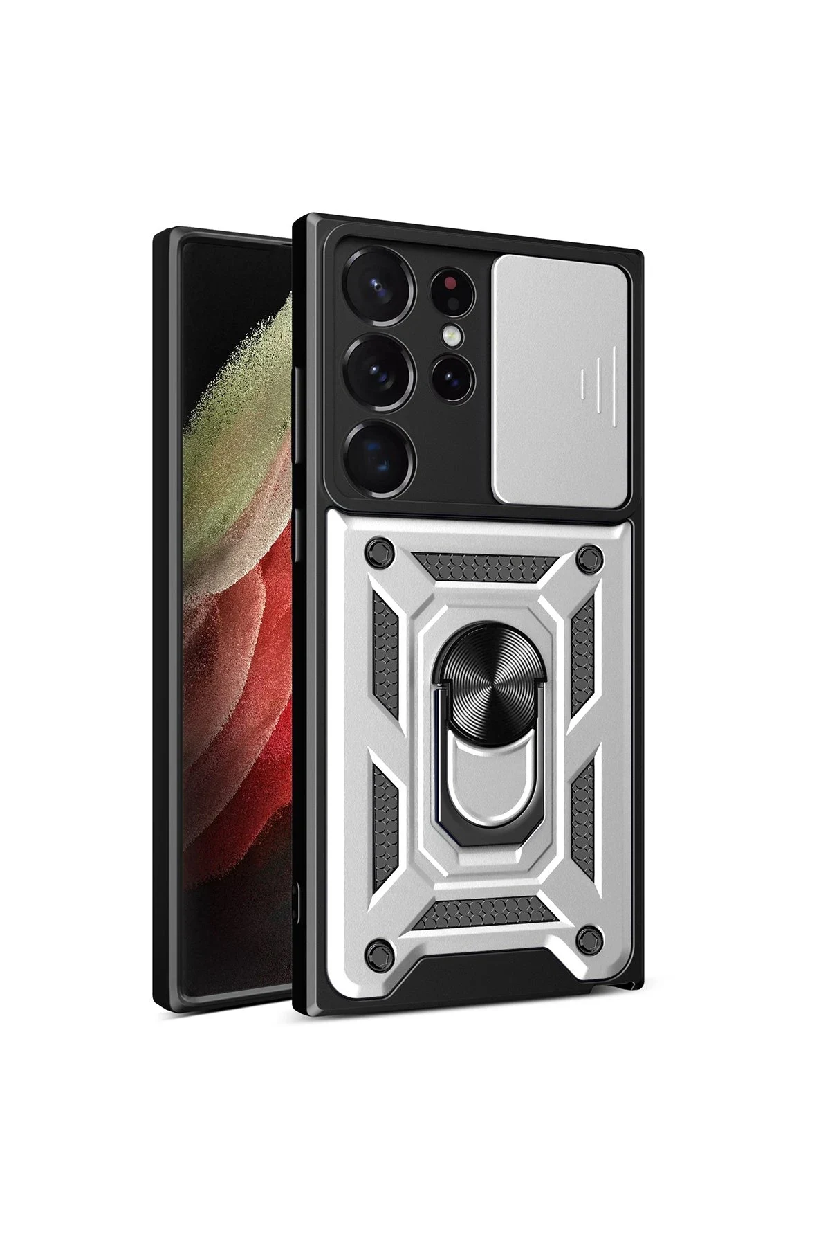 uryport Samsung Galaxy S23 Ultra Kılıf Pars Lens Yüzüklü Silikon - Gümüş