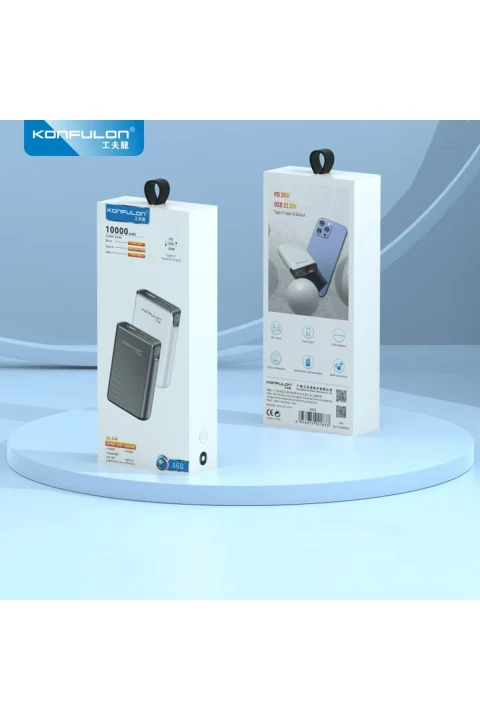 Konfulon A6Q 22.5W Usb 3.0 ve 20W Type-C Çıkışlı 10.000 mAh PD Powerbank - Beyaz