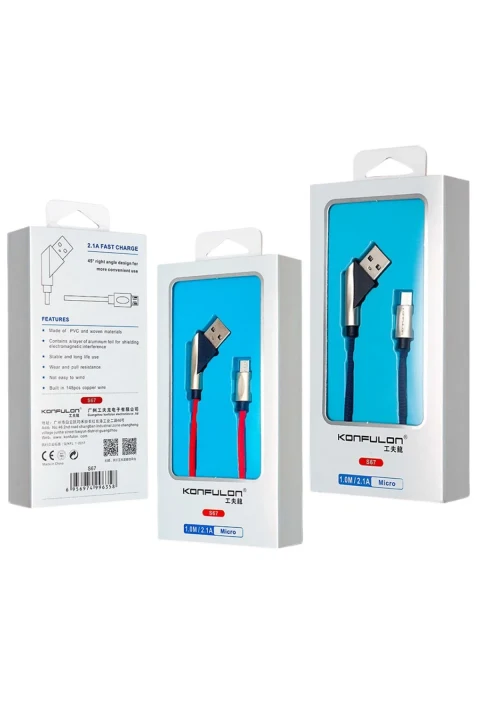 Konfulon S67 45 Derece Micro USB Kablo 1M 2.4A - Siyah