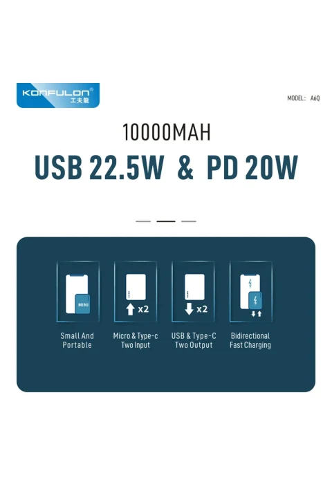Konfulon A6Q 22.5W Usb 3.0 ve 20W Type-C Çıkışlı 10.000 mAh PD Powerbank - Siyah
