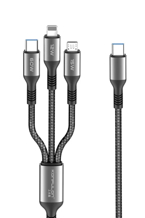 Konfulon DC62 3in1 Type-C to 60W Type-C / 12W Lightning / 15W Micro 1.2M Hızlı Şarj Kablo - Siyah