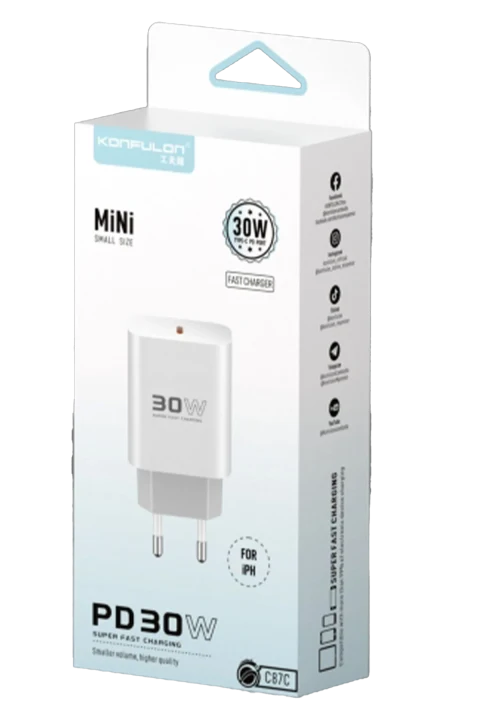 Konfulon C87C 30W Type-C Çıkışlı Ekstra DL50 1M Type-C to Lightning Kablolu PD Şarj Cihazı - Beyaz