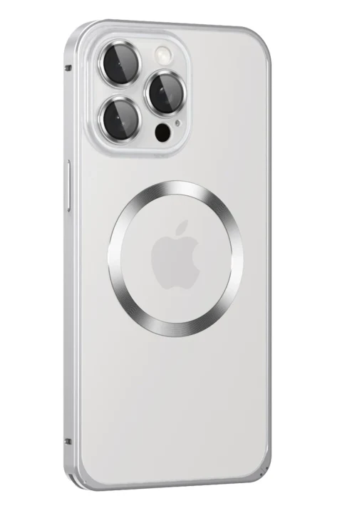 Joko Apple iPhone 15 Pro Max Kılıf Metal Bumper Magneticsafe Kapak - Gümüş