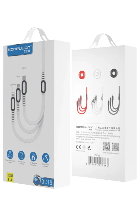 Konfulon DC19 3in1 USB Kablo 1.3M 3A - Siyah