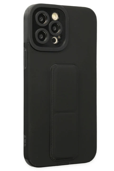 uryport Apple iPhone 12 Pro Kılıf Mega Standlı Silikon - Siyah