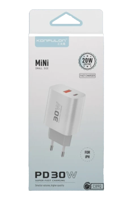 Konfulon C89Q 1 Adet 30W Type-C ve 1 Adet 22.5W USB Çıkışlı Ekstra DL48 1M USB to Lightning Kablolu PD Şarj Cihazı - Beyaz