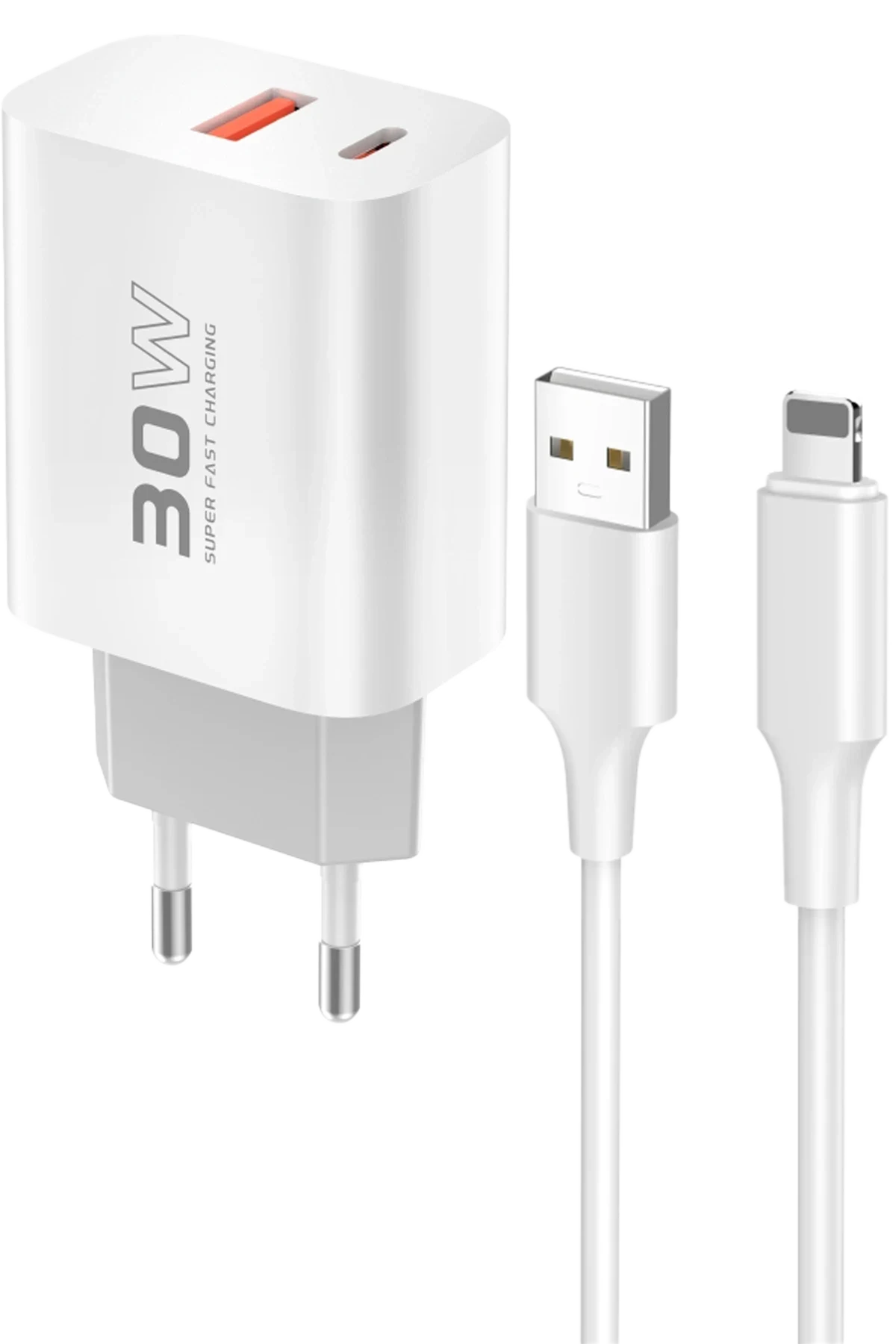 Konfulon C89Q 1 Adet 30W Type-C ve 1 Adet 22.5W USB Çıkışlı Ekstra DL48 1M USB to Lightning Kablolu PD Şarj Cihazı - Beyaz