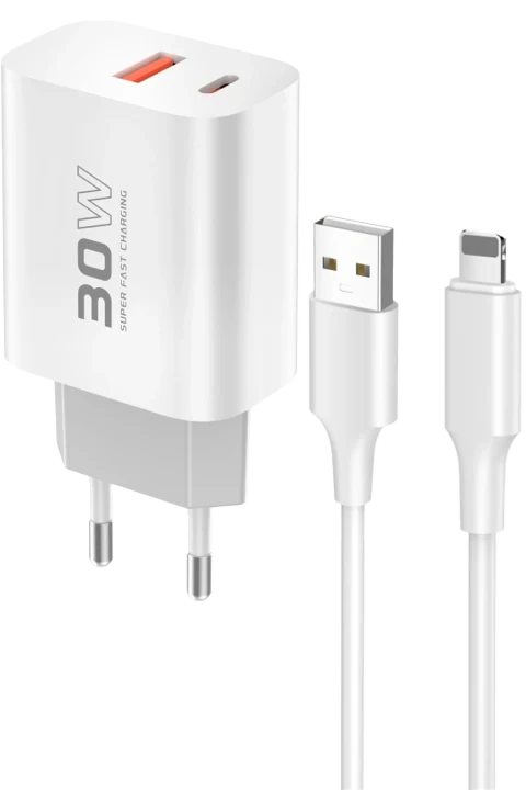 Konfulon C89Q 1 Adet 30W Type-C ve 1 Adet 22.5W USB Çıkışlı Ekstra DL48 1M USB to Lightning Kablolu PD Şarj Cihazı - Beyaz