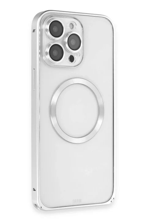 Joko Apple iPhone 15 Pro Kılıf Metal Bumper Magneticsafe Kapak - Gümüş