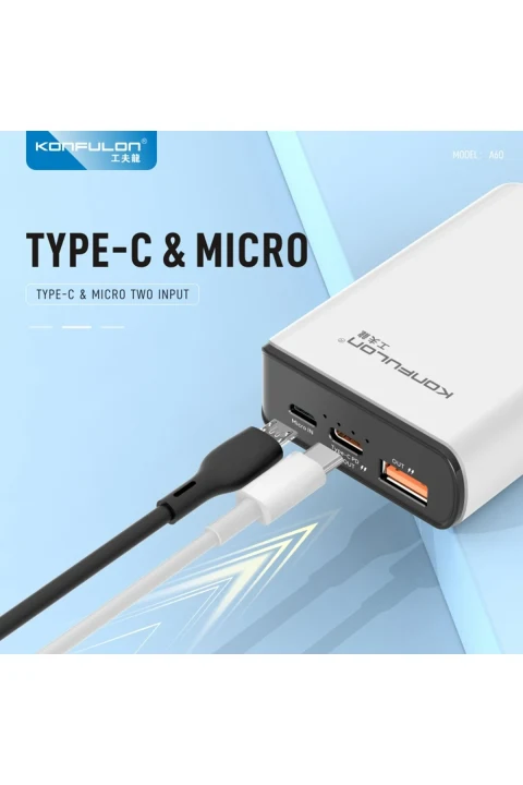 Konfulon A6Q 22.5W Usb 3.0 ve 20W Type-C Çıkışlı 10.000 mAh PD Powerbank - Beyaz