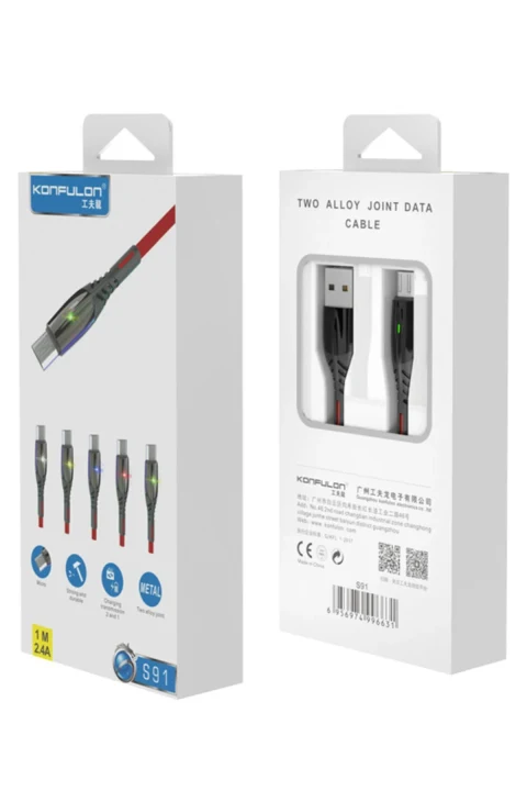 Konfulon S91 Ledli Micro USB Kablo 1M 2.4A - Siyah