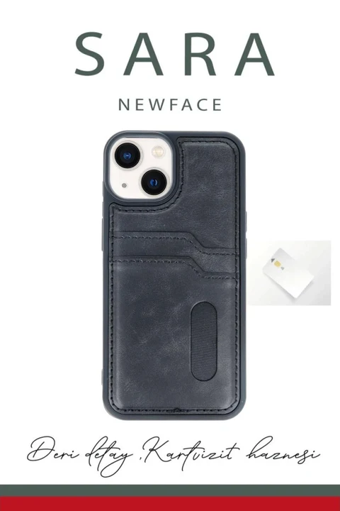 uryport Apple iPhone 15 Sara Kartvizitli Deri Kılıf - Lacivert