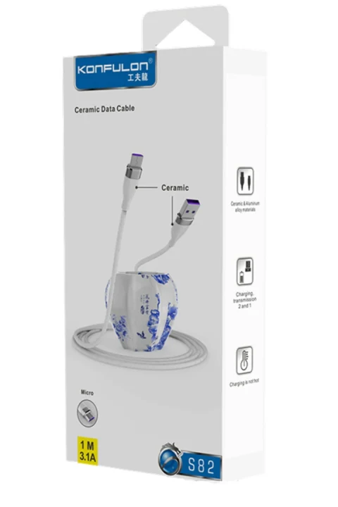 Konfulon S82 Seramik Uçlu Micro USB Kablo 1M 3.1A - Siyah