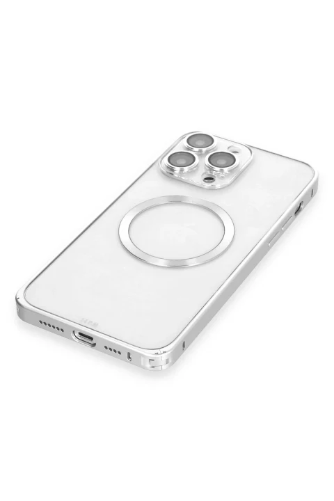 Joko Apple iPhone 14 Pro Max Kılıf Metal Bumper Magneticsafe Kapak - Gümüş