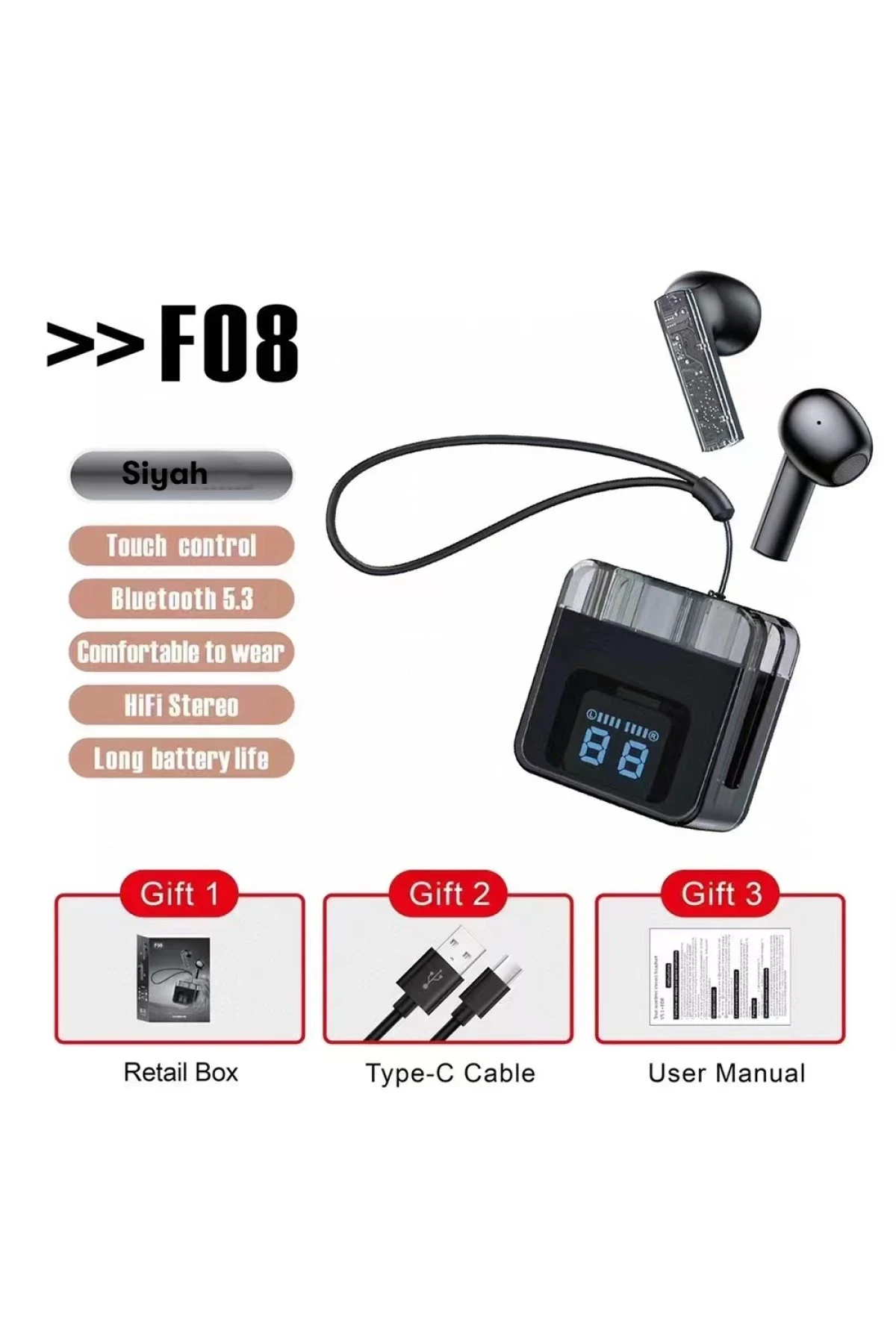 Karler Bass F08 Dijital Şarj Göstergeli TWS Bluetooth Kulaklık - Siyah