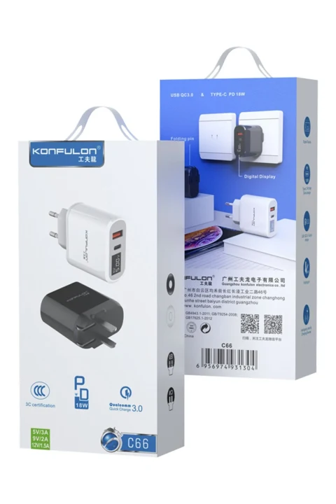 Konfulon C66 Type-C PD 18W Dijital Seyahat Hızlı Şarj Cihazı - Siyah