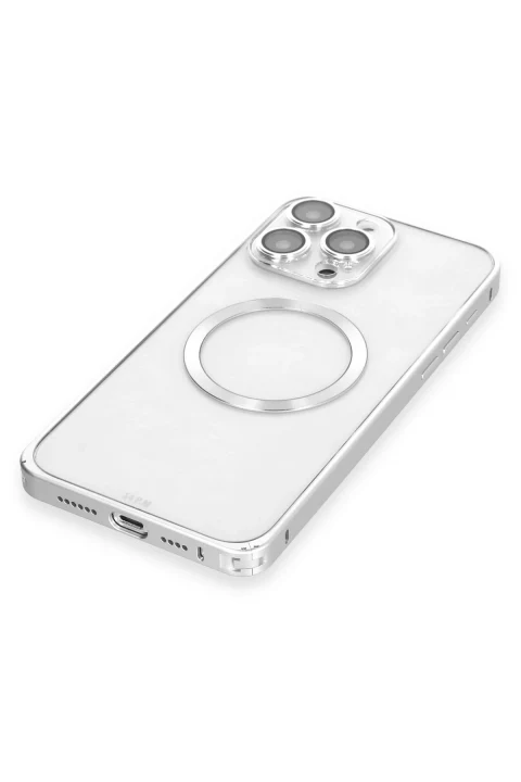 Joko Apple iPhone 15 Pro Max Kılıf Metal Bumper Magneticsafe Kapak - Gümüş