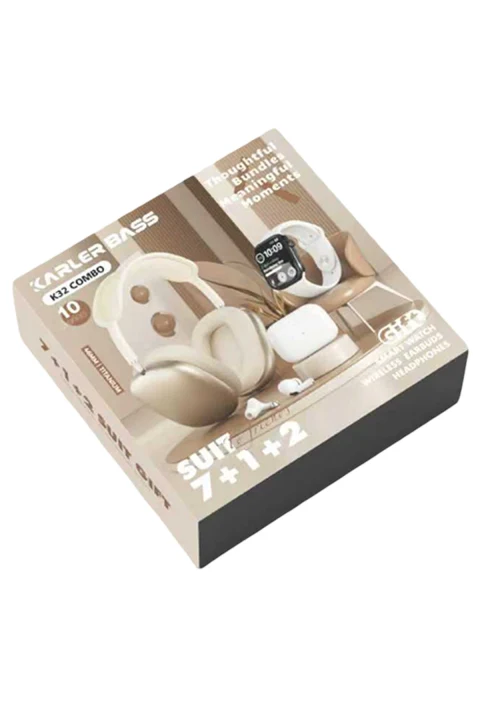 Karler Bass K32 Kombo 7 Adet Kordon Akıllı Saat Airpods Kulaklık Kafa Üstü Kablosuz Kulaklık Set - Beyaz