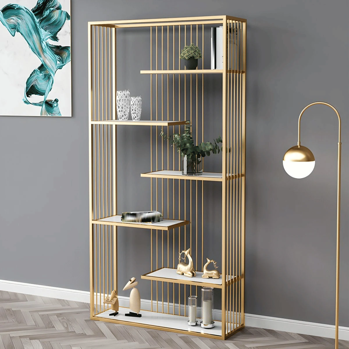KTP6546 Modern Dikdörtgen Kitaplık Ahşap Raflı Metal İskeletli