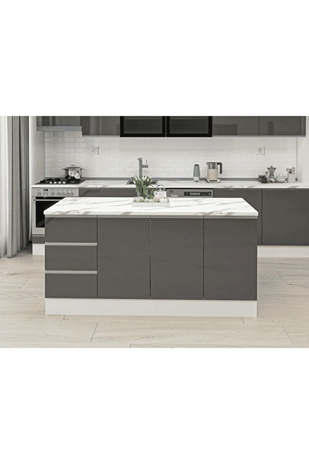 ADA8016 Beyaz Antrasit MDF Ada Mutfak Dolabı 180 cm