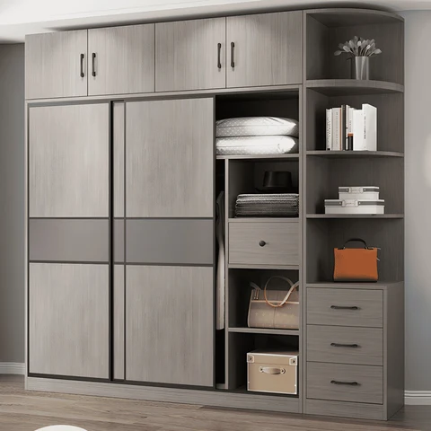 DLP-01 Modern Dikdörtgen Gardırop Ahşap Sürgülü Raflı Askılıklı Gri