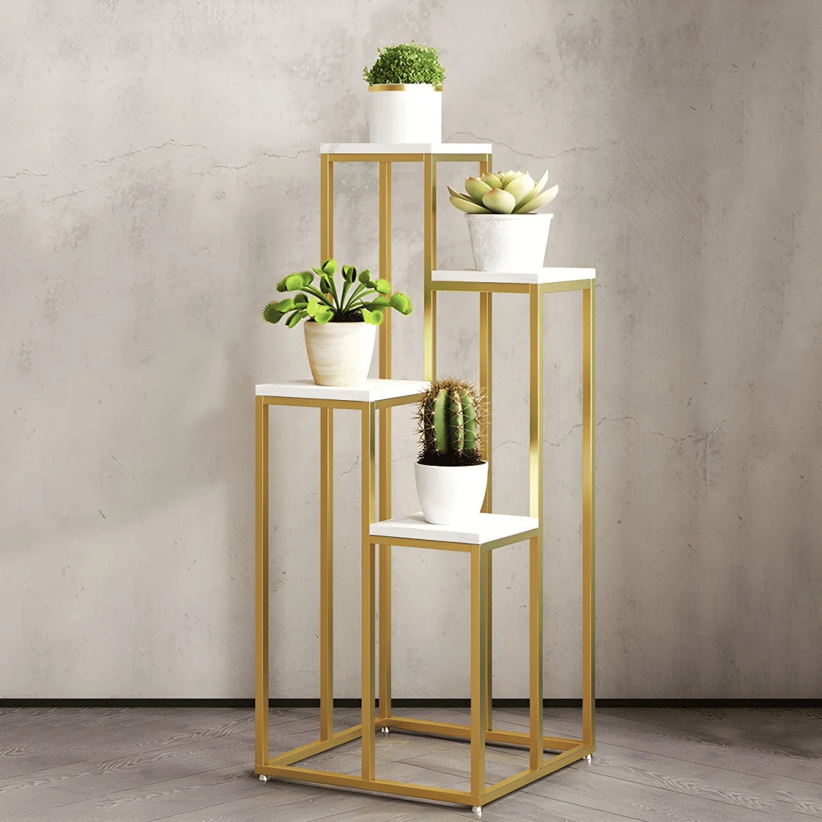 KC-0132 4-Katlı Kare MDF Bitki Standı, Altın/Beyaz