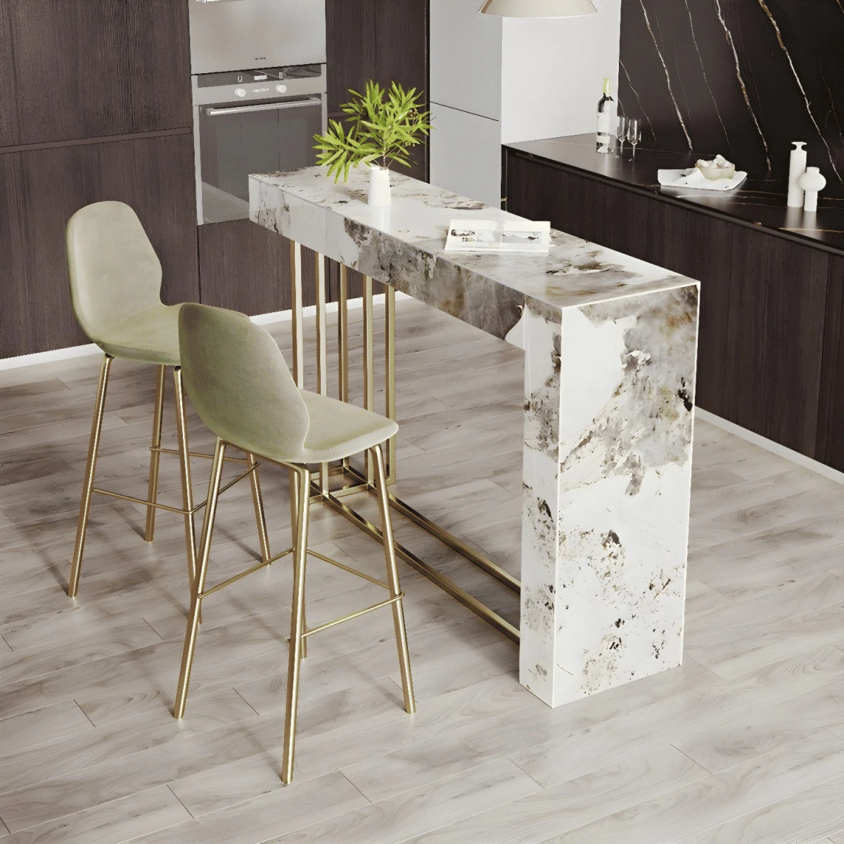 KC-0218 Metal Ayaklı MDF Bar Tezgahı, Altın Çerçeve, Mutfak Adası