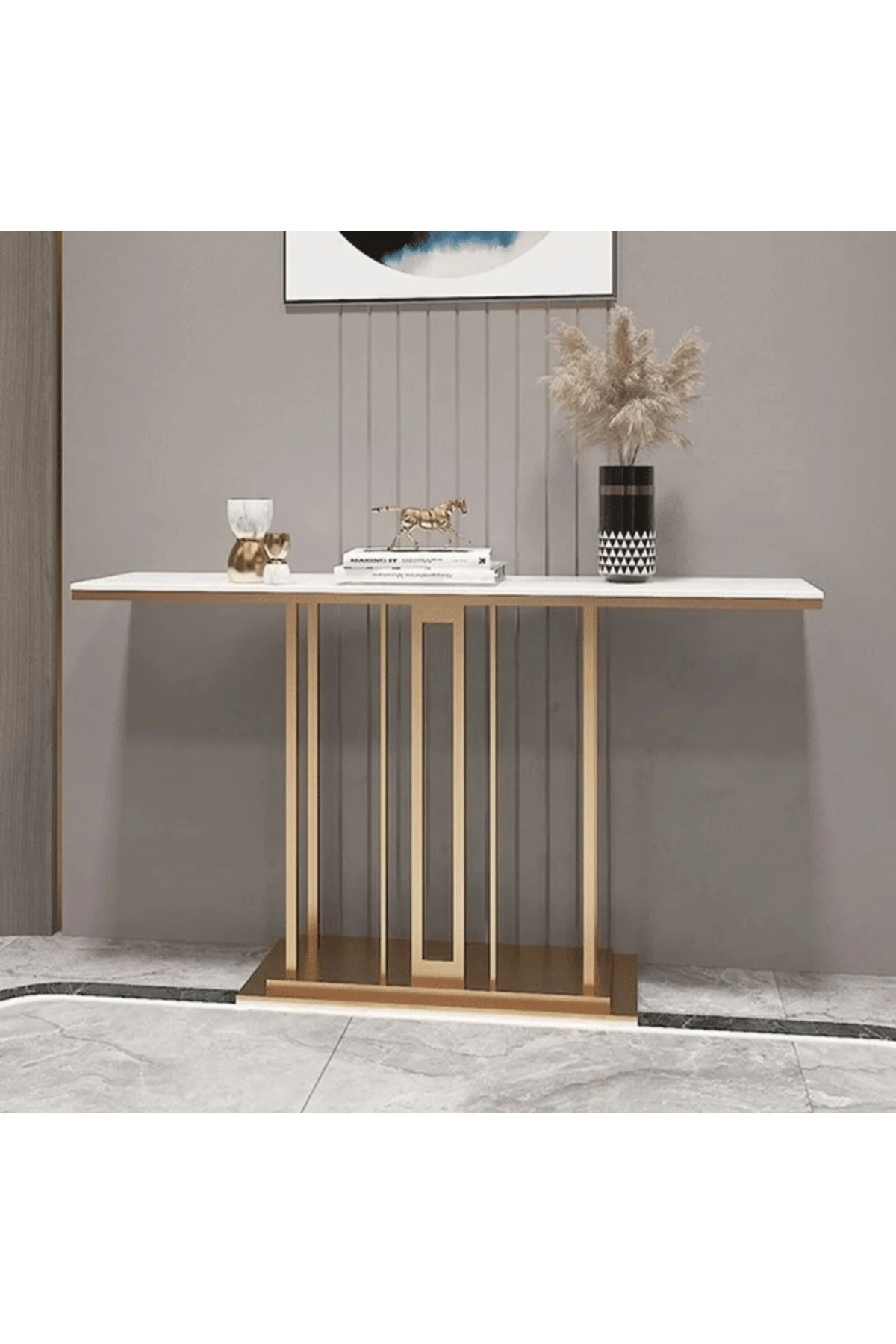 KC-0193 Modern Dikdörtgen Beyaz MDF Konsol Masa, Zarif Geometrik Tabanlı