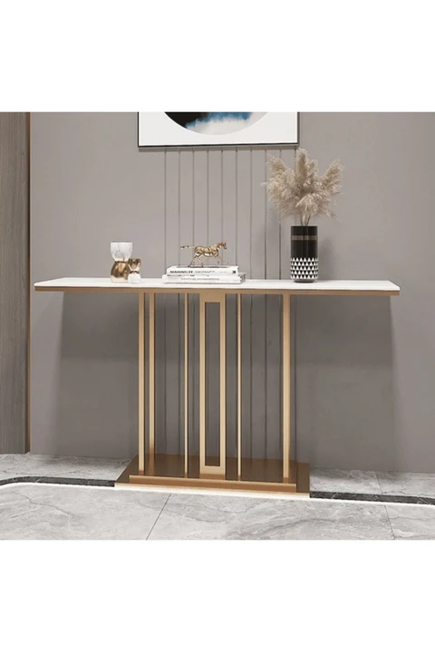 KC-0193 Modern Dikdörtgen Beyaz MDF Konsol Masa, Zarif Geometrik Tabanlı