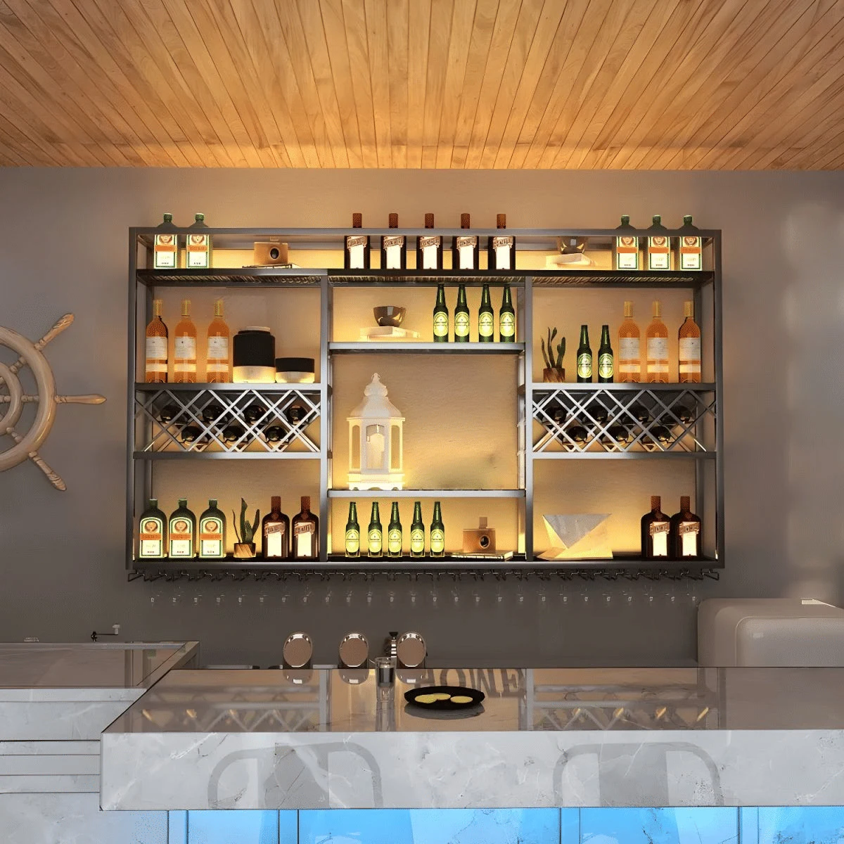 KC-0252 Endüstriyel Metal Duvara Monte Şarap Rafı Cafe Bar Otel Şaraplık