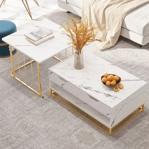 SHP7762 Modern Beyaz İkili Zigon Sehpa Metal Orta Sehpa
