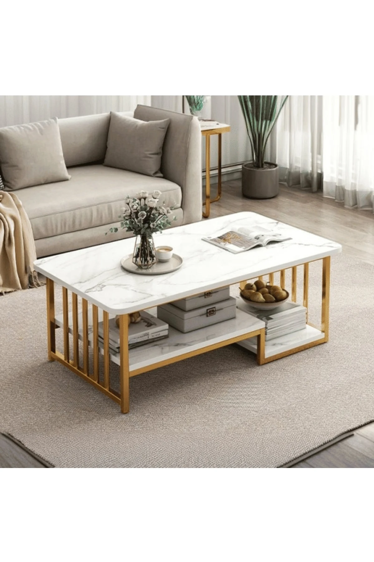 KC-0177 Geometrik MDF Tabla Orta Sehpa, Depolama Alanlı, Beyaz, 100x50x42cm