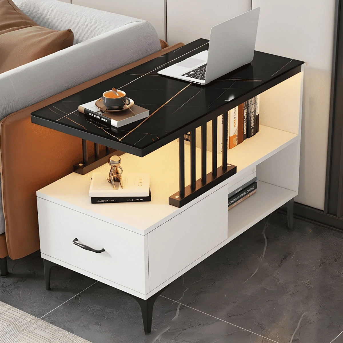 ZGN20208 Modern Metal Tabanlı Çekmeceli Dikdörtgen Yan Sehpa