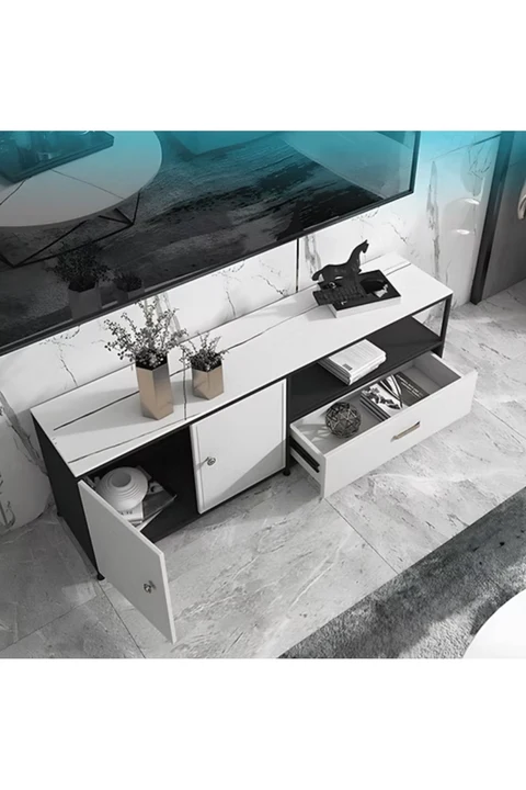KTV-010 Modern Dikdörtgen TV Sehpası Taş Metal Ayaklı