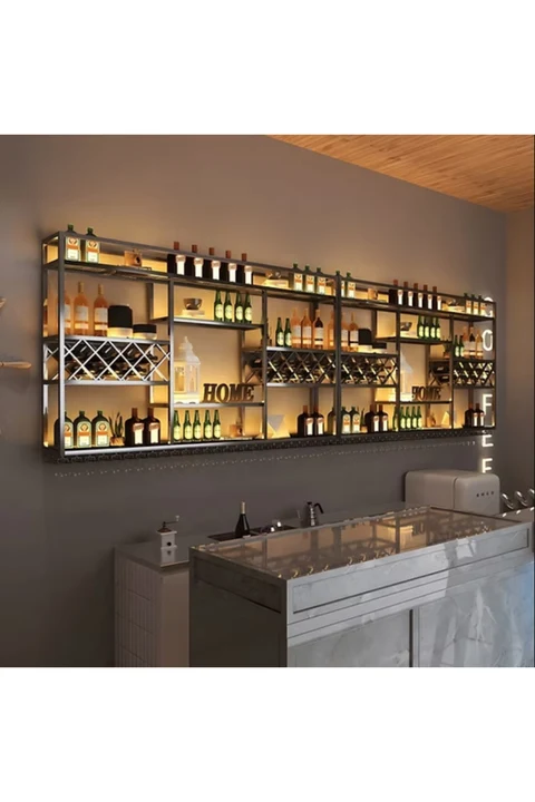 KC-0252 Endüstriyel Metal Duvara Monte Şarap Rafı Cafe Bar Otel Şaraplık 150cm