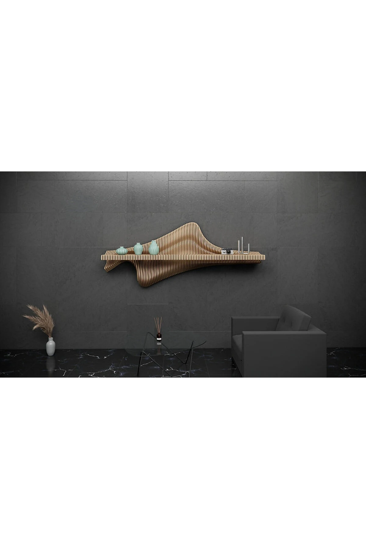 KC-077 Dalgalı Ahşap Raf – Modern Antre & Duvar Dekoru - Parametrik
