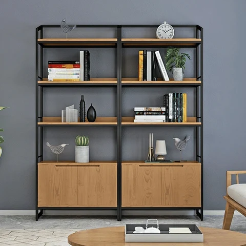 KC-0235 5 Raflı Ahşap Kapılı Metal Merdiven Tipi Kitaplık